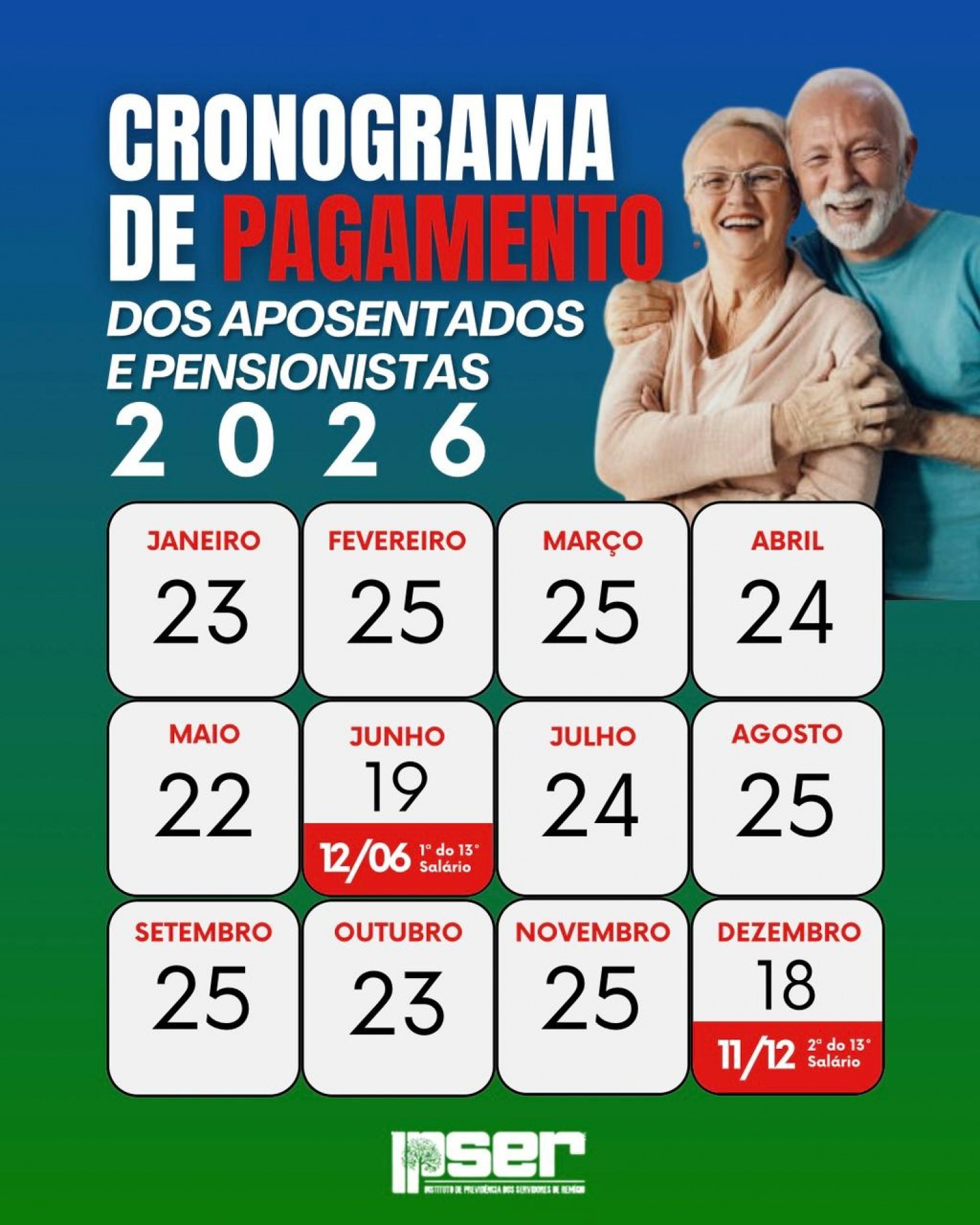 Calendário de Pagamento dos Aposentados e Pensionistas - Ano 2026